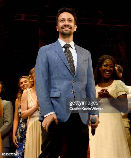 Actor/writer/songwriter Lin-Manuel Miranda and the cast appear onstage at the opening night curtain call for "Hamilton" at the Pantages Theatre on...