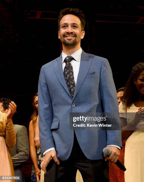 Actor/writer/songwriter Lin-Manuel Miranda appears onstage at the opening night curtain call for "Hamilton" at the Pantages Theatre on August 16,...