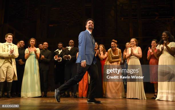 Actor/writer/songwriter Lin-Manuel Miranda and the cast appear onstage at the opening night curtain call for "Hamilton" at the Pantages Theatre on...