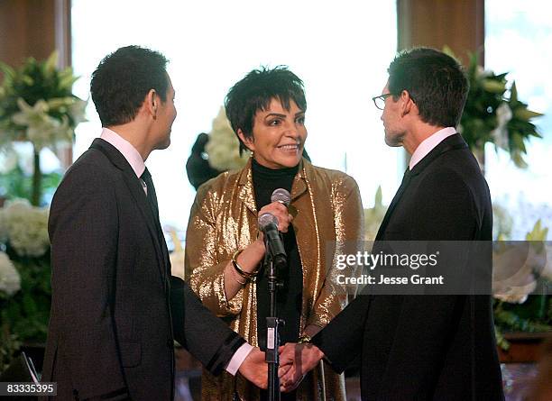 Liza Minnelli attends Michael Feinstein and Terrence Flannery's wedding ceremony held at a private residence on October 17, 2008 in Los Angeles,...