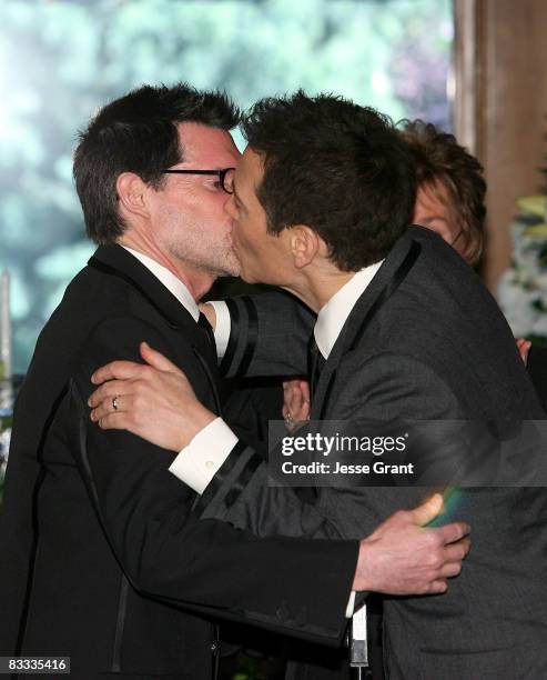 Terrence Flannery and Michael Feinstein kiss during their wedding held at a private residence on October 17, 2008 in Los Angeles, California.