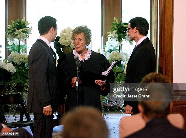 Judge Judy Sheindlin attends Michael Feinstein and Terrence Flannery's wedding ceremony held at a private residence on October 17, 2008 in Los...