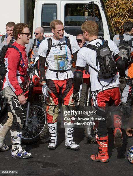 Prince William and Prince Harry and friend Guy Pelly prepare to set off at the start of the Enduro 2008 Motorcycle Rally to benefit UNICEF, the...