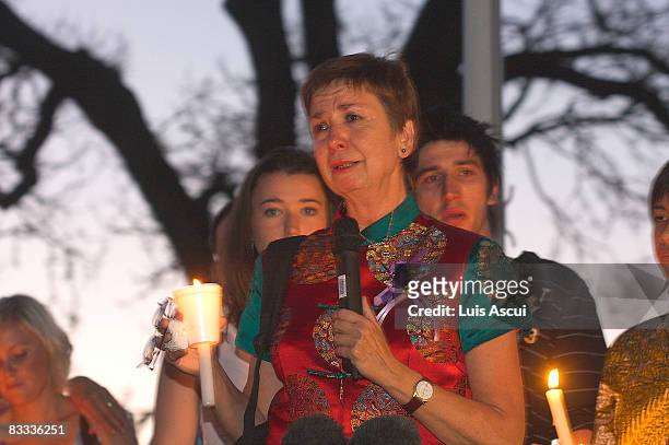 Elke Lapthorne speaks at a the candlelight vigil organised by the friends of her daughter Britt Lapthorne at Flagstaff Gardens on October 18, 2008 in...