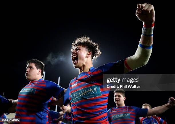 Braedyn Collins of Rosmini celebrates following the North Harbour First XV 1A Final between Westlake Boys Huigh School and Rosmini College at QBE...