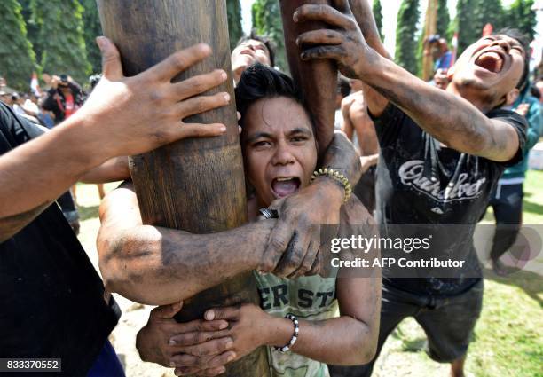 People take part in a competition to climb greased poles, on which prizes and flags are attached, to celebrate Indonesia's Independence Day in...