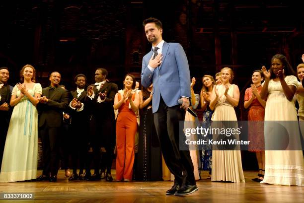 Actor/writer/songwriter Lin-Manuel Miranda and the cast appear onstage at the opening night curtain call for "Hamilton" at the Pantages Theatre on...