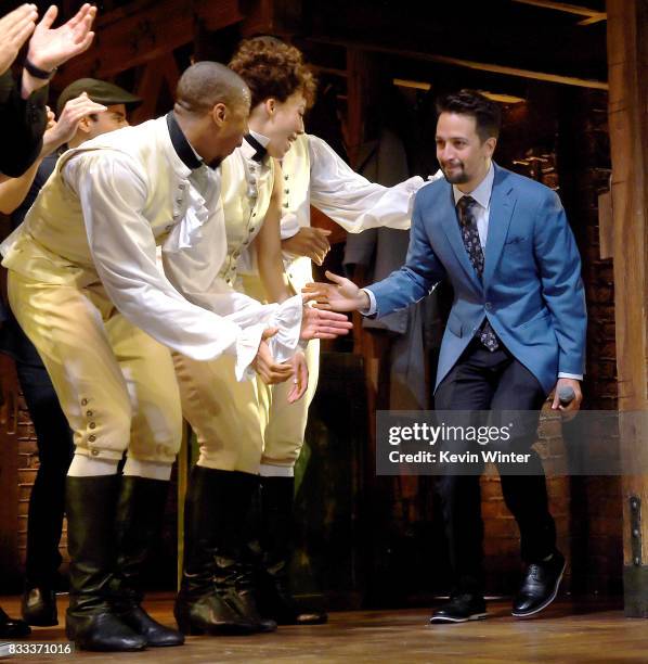 Actor/writer/songwriter Lin-Manuel Miranda and the cast appear onstage at the opening night curtain call for "Hamilton" at the Pantages Theatre on...