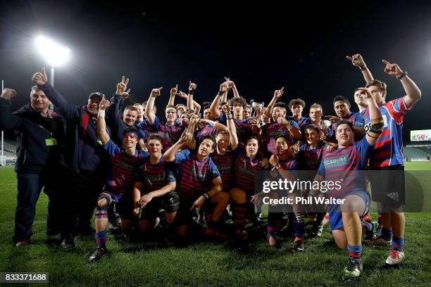 Rosmini College celebrate following the North Harbour First XV 1A Final between Westlake Boys Huigh School and Rosmini College at QBE Stadium on...