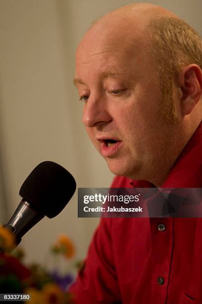 German author and cabaret artist Horst Evers reads during the CD presentation of 'Schwitzen ist, wenn Muskeln weinen' at the Dussmann shopping center...