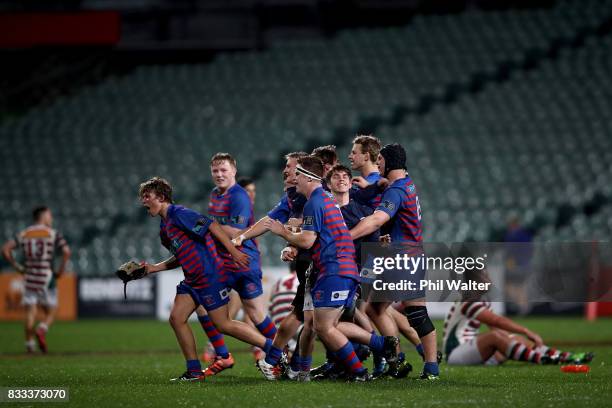 Rosmini College celebrate following the North Harbour First XV 1A Final between Westlake Boys Huigh School and Rosmini College at QBE Stadium on...