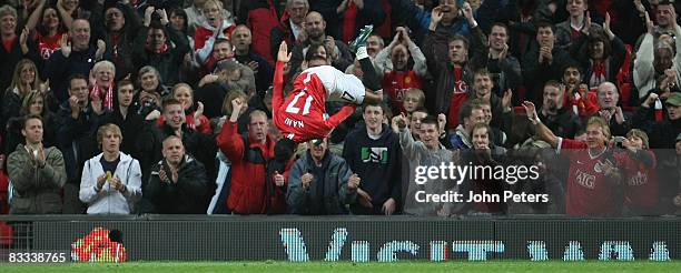 Nani of Manchester United celebrates scoring their fourth goal during the Barclays Premier League match between Manchester United and West Bromwich...