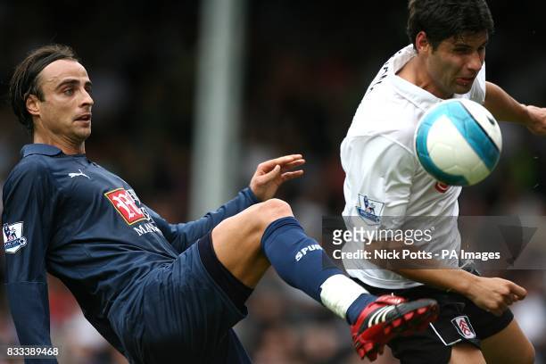 Dimitar Berbatov, Tottenham Hotspur, and Dejan Stefanovic, Fulham battle for the ball