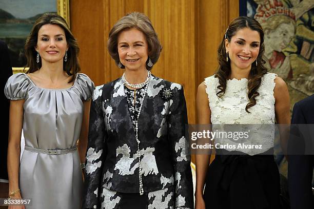 Princess Letizia , Queen Sofia of Spain and Queen Rania of Jordan at the Zarzuela Palace on October 18, 2008 in Madrid, Spain.