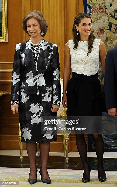 Queen Sofia of Spain and Queen Rania of Jordan at the Zarzuela Palace on October 18, 2008 in Madrid, Spain.