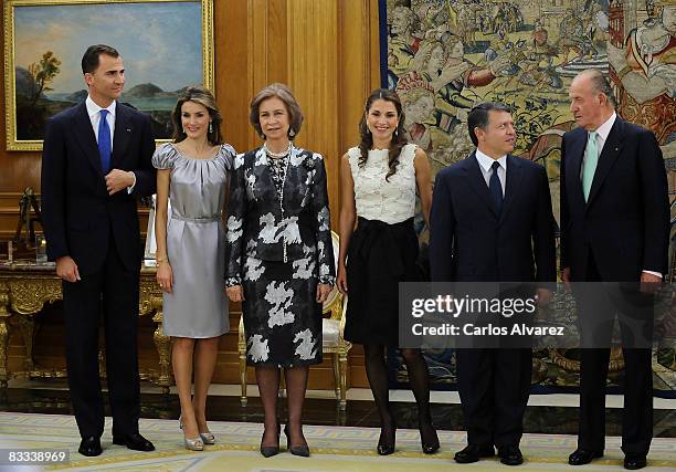 Prince Felipe, Princess Letizia, Queen Sofia of Spain, Queen Rania, King Abdullah of Jordan and King Juan Carlos of Spain at the Zarzuela Palace on...