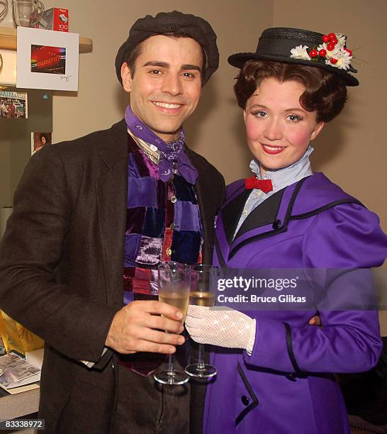 Adam Fiorentino as "Bert" and Scarlett Strallen as "Mary Poppins" pose backstage after a meet and greet for the new cast of Disney's "Mary Poppins"...