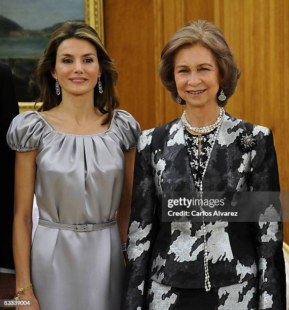 Princess Letizia and Queen Sofia of Spain at the Zarzuela Palace on October 18, 2008 in Madrid, Spain.