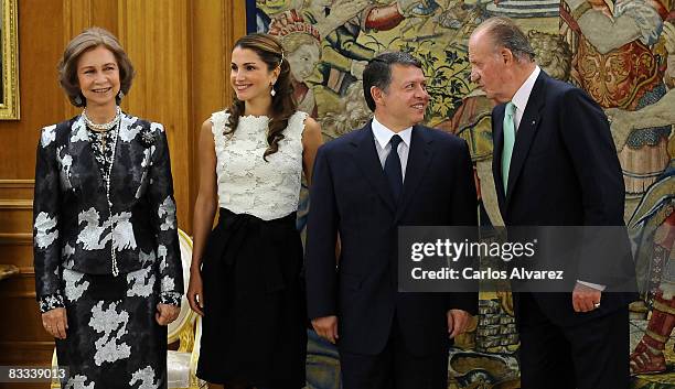 Queen Sofia of Spain, Queen Rania, King Abdullah of Jordan and King Juan Carlos of Spain at the Zarzuela Palace on October 18, 2008 in Madrid, Spain.