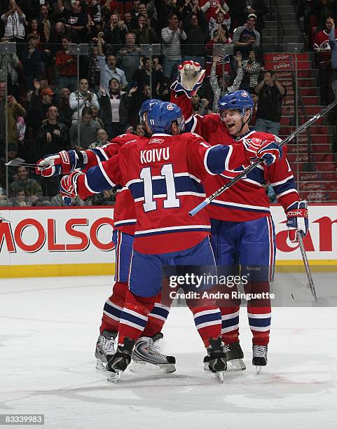 Alex Tanguay of the Montreal Canadiens celebrates his first period goal against the Phoenix Coyotes at the Bell Centre on October 18, 2008 in...