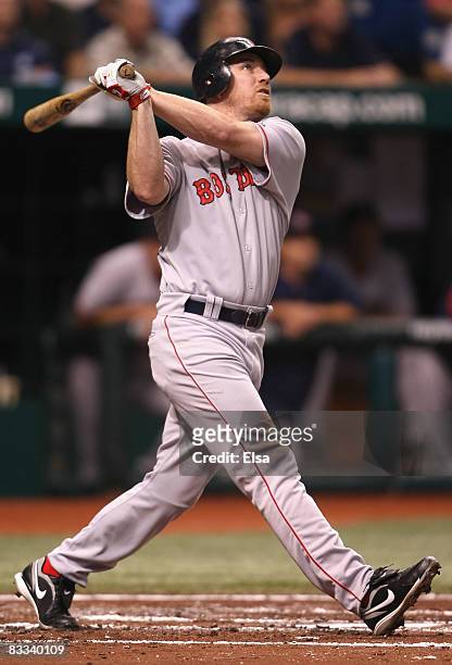 Drew of the Boston Red Sox hits a single against the Tampa Bay Rays in the second inning of game six of the American League Championship Series...