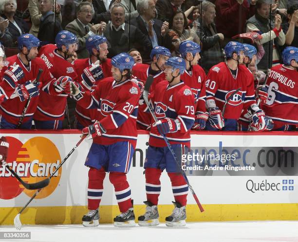 Robert Lang of the Montreal Canadiens celebrates his second period goal against the Phoenix Coyotes at the Bell Centre on October 18, 2008 in...
