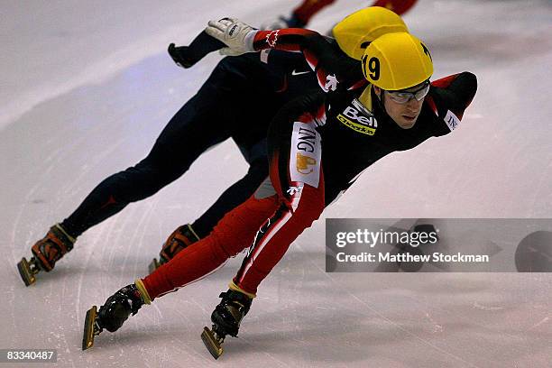World record holder Michael Gilday of Canada competes in the 1000 meter quarterfinals during the Samsung ISU World Cup Short Track at the Utah...