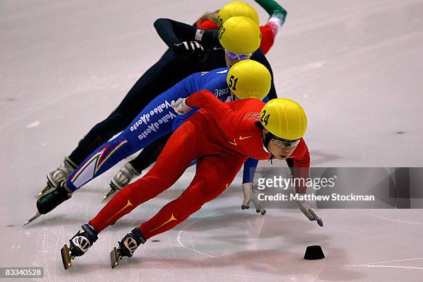 World record holder Meng Wang of China competes in the 1000 meter quarterfinals during the Samsung ISU World Cup Short Track at the Utah Olympic Oval...