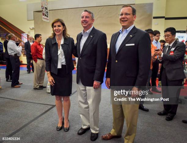 Jill Vogel, left, Ed Gillespie and John Adams, winners of yesterday's Republican primary election, gather to meet with supporters, on June 2017 in...