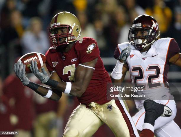 Ifeanyi Momah of the Boston College Eagles beats Stephan Virgil of the Virginia Tech Hokies on October 18, 2008 at Alumni Stadium in Chestnut Hill,...