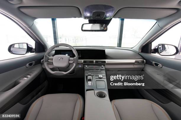 The interior of the Hyundai Motor Co. Next generation fuel-cell electric sport utility vehicle is seen during an unveiling event in Seoul, South...