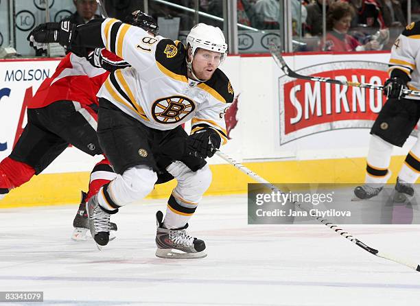 Phil Kessel of the Boston Bruins skates in a game against the Ottawa Senators at Scotiabank Place on October 18, 2008 in Ottawa, Ontario, Canada.