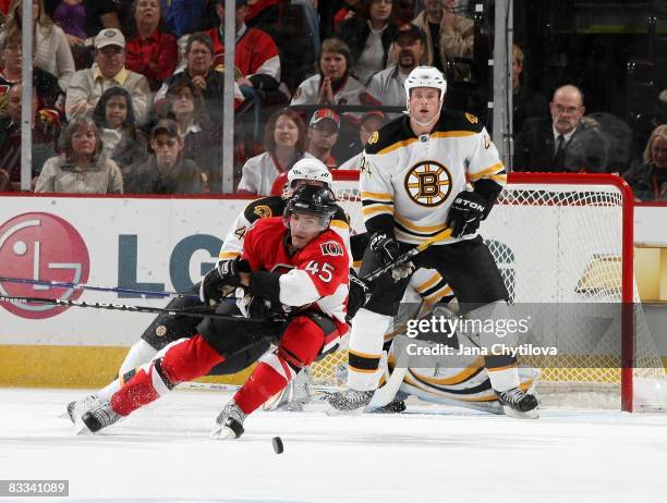 Alexandre Picard of the Ottawa Senators turns sharply to chase the puck in a game against the Boston Bruins at Scotiabank Place on October 18, 2008...