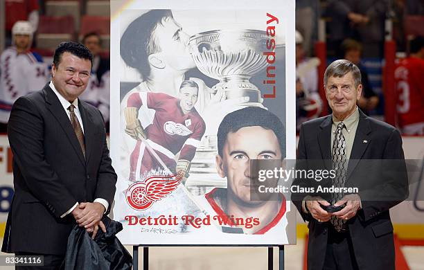 Detroit Red Wing Legend Ted Lindsay is honoured prior to start of game between the New York Rangers and the Detroit Red Wings on October 18, 2008 at...