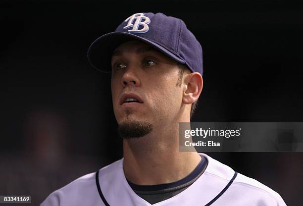 Starting pitcher James Shields of the Tampa Bay Rays reacts in game six of the American League Championship Series against the Boston Red Sox during...