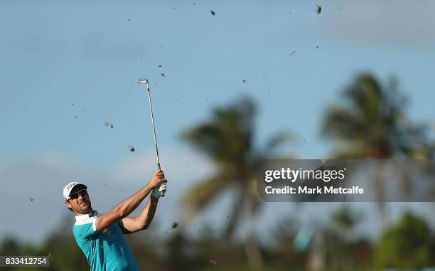 Daniel Pearce of New Zealand hits his approach shot on the 5th hole during day one of the 2017 Fiji International at Natadola Bay Championship Golf...