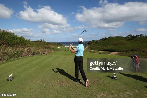 Brett Rumford of Australia hits his tee shot on the 12th hole during day one of the 2017 Fiji International at Natadola Bay Championship Golf Course...