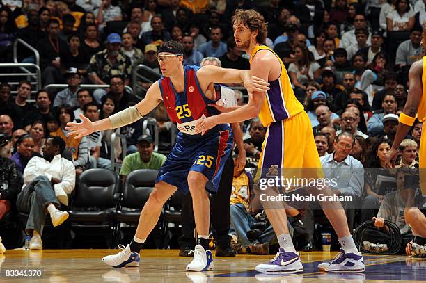 Daniel Santiago of Regal FC Barcelona calls for the ball in the post against Pau Gasol of the Los Angeles Lakers during their game at Staples Center...