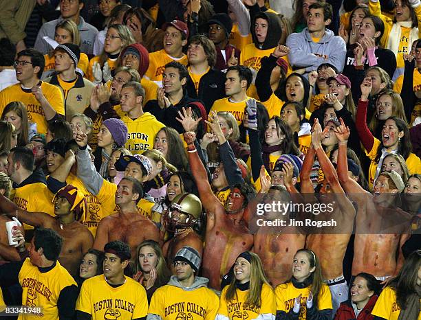 Fans of the Boston College Eagles show their support against the Virginia Tech Hokies on October 18, 2008 at Alumni Stadium in Chestnut Hill,...