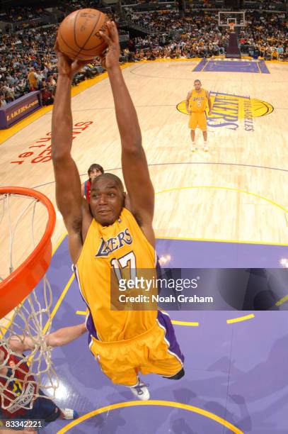 Andrew Bynum of the Los Angeles Lakers goes up for a dunk during the game against Regal FC Barcelona at Staples Center on October 18, 2008 in Los...