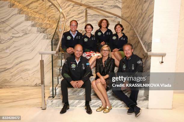 The pilots of the solar plane Solar Impulse with Bertrand Piccard, Andre Borschberg and Chantal Gaemperle DRH of LVMH Group at the shop Guerlain of...