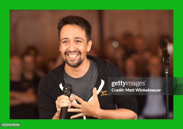 Lin-Manuel Miranda speaks onstage during the #Ham4Ham featuring Lin-Manuel Miranda at the Pantages Theatre on August 16, 2017 in Hollywood,...