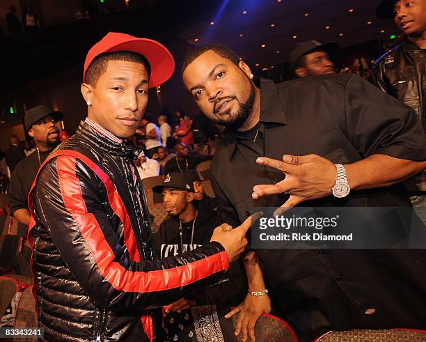 Recording artists Pharrell Williams and Ice Cube attend the 2008 BET Hip-Hop Awards at The Boisfeuillet Jones Atlanta Civic Center on October 18,...