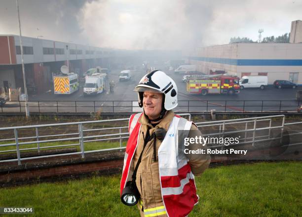 The incident commander Deputy Assistant Chief Officer John Joyce at the scene of a blaze at Blochairn Fruitmarket on August 17, 2017 in Glasgow. The...
