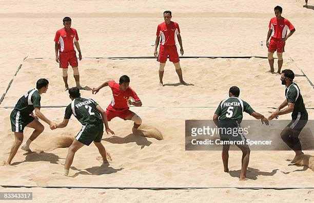 General view of players in action during the Beach Kabaddi match between Indonesia and Pakistan on day two of the Asian Beach Games at Tanjung Benoa...