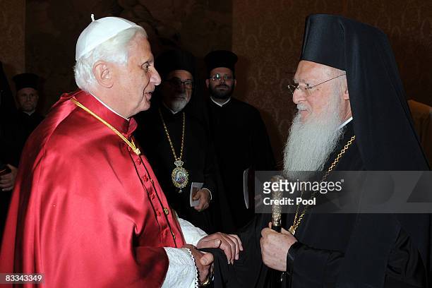 Pope Benedict XVI holds an ecumenical prayer meeting with Greek Orthodox Church's Patriarch, Bartolomew I at the Sistine Chapel, October 18, 2008 in...