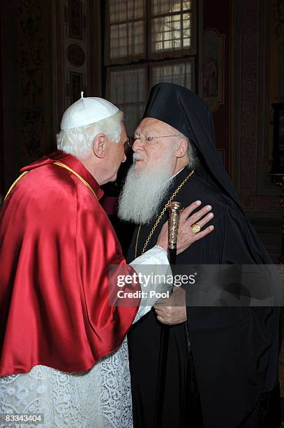 Pope Benedict XVI holds an ecumenical prayer meeting with Greek Orthodox Church's Patriarch, Bartolomew I at the Sistine Chapel, October 18, 2008 in...