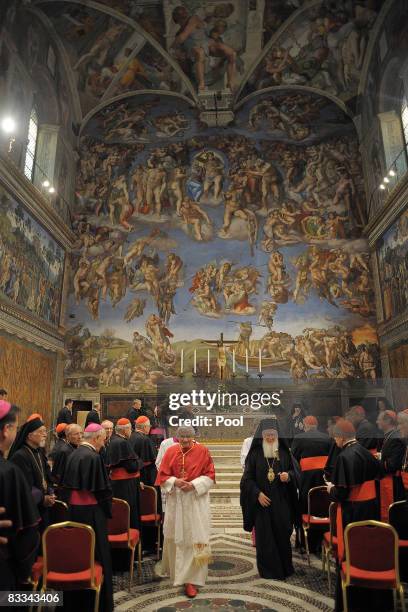 Pope Benedict XVI holds an ecumenical prayer meeting with Greek Orthodox Church's Patriarch, Bartolomew I at the Sistine Chapel, October 18, 2008 in...