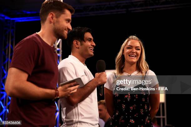 Aman "Aman" Seddiqi of The USA is interviewed by Spencer Owen and Laura Woods during day one of the FIFA Interactive World Cup 2017 on August 16,...