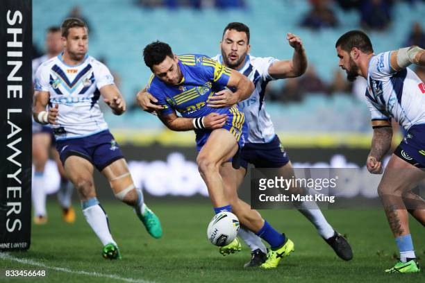 Corey Norman of the Eels drops the ball over the line during the round 24 NRL match between the Parramatta Eels and the Gold Coast Titans at ANZ...